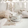 Biała filiżanka porcelanowa 250 ml ze spodkiem - motyw złotego serca z napisem mój złoty dziadek dla dziadka na Dzień Dziadka Biały filiżanka porcelanowa nadzwyczajnie.mom ze złotym sercem i napisem ze spodkiem - Mój złoty dziadek — 250 ml