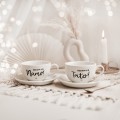 Zestaw 2 białych filiżanek porcelanowych 250 ml ze spodkami - napisy Kocham Cię Mamo i Kocham Cię Tato ze złotym sercem dla rodziców na rocznicę ślubu Zbliżenie na złote zdobienie serca na białym filiżance porcelanowej filiżanek 250 ml - Kocham Cię Mamo, Kocham Cię Tato
