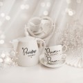 Zestaw 5 białych naczyń porcelanowych z personalizacją 1 litra i 250 ml - nadruk pan i pani z nazwiskiem i złote serce na każdą okazję dla pary Biały filiżanka porcelanowa nadzwyczajnie.mom ze złotym sercem i napisem Państwo : Dzbanek 1 litr Państwo filiżanki 250 ml
