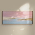 Zachód słońca 70x160 - obraz pastelowa abstrakcja ze złotem, błękitno-różowy NA ZAMÓWIENIE - wybierz rozmiar płótna Biały produkt porcelanowy nadzwyczajnie.mom ze złotym zdobieniem i napisem Zachód słońca 70x160 - obraz pastelowa