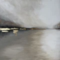Złota przystań 70x100  - ręcznie malowany, jezioro na tle drzew, obraz abstrakcja, nowoczesny, abstrakcyjny krajobraz czerń, beż, szarość, złoto IMG_6239.jpeg
