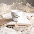Biały kubek porcelanowy 300 ml - napis pani magister na ukończenie studiów dla absolwentki Eleganckie opakowanie prezentowe kubka porcelanowego ze złotym zdobieniem nadzwyczajnie.mom — Pani magister