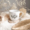 Biały kubek porcelanowy 300 ml - napis super wujek z motywem złotego serca na urodziny dla wujka Kubek porcelanowy ze złotym sercem Super wujek nadzwyczajnie.mom — widok z boku na białym tle
