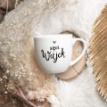 Biały kubek porcelanowy 300 ml - napis super wujek z motywem złotego serca na urodziny dla wujka Biały kubek porcelanowy nadzwyczajnie.mom ze złotym sercem i napisem Super wujek — 300 ml