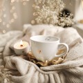 Biały kubek porcelanowy 500 ml - grafika trzech małych piesków na urodziny dla miłośników psów Kubek porcelanowy ze złotym zdobieniem Trzy małe pieski nadzwyczajnie.mom — widok z boku na białym tle
