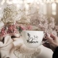 Biały kubek porcelanowy 500 ml - napis Rośliniara dla miłośniczki roślin na urodziny Kubek porcelanowy ze złotym zdobieniem Rośliniara nadzwyczajnie.mom — widok z boku na białym tle