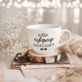 Biały kubek porcelanowy 500 ml - napis najlepszy nauczyciel dla nauczyciela na Dzień Nauczyciela Biały kubek porcelanowy nadzwyczajnie.mom ze złotym zdobieniem i napisem Kubek najlepszego nauczyciela — 500 ml