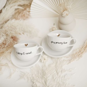 Zestaw 2 Białych Filiżanek Porcelanowych ze Spodkami 250 ml - Napis I Ślubuję Ci Uśmiech Przy Porannej Kawie dla Pary na Ślub